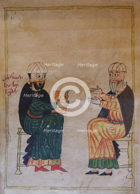 The Teaching in an Armenian primary school. Detail of a miniature from Mashtots Matenadaran, 1417.