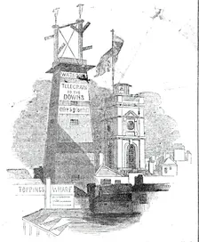 The Telegraph, and Church of St Olaf's before the fire, 1843. Creator: Unknown