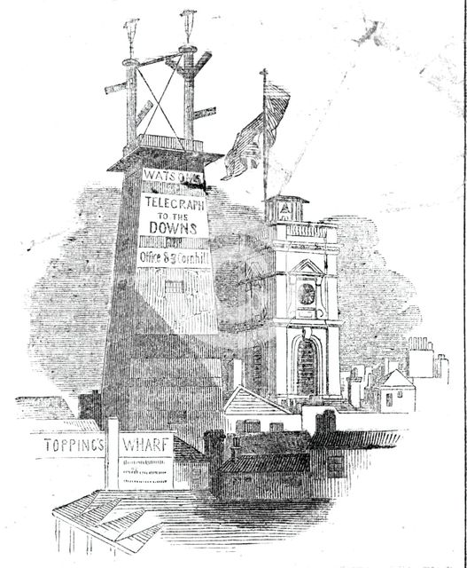 The Telegraph, and Church of St Olaf's before the fire, 1843. Creator: Unknown.