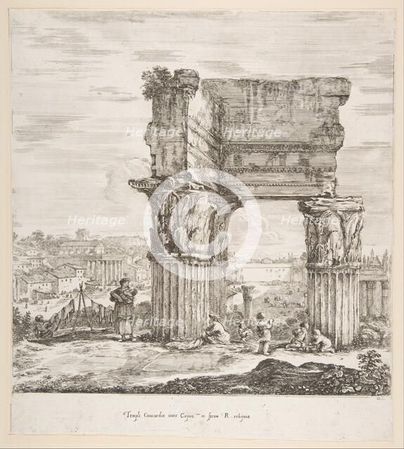 The Temple of Vespasian and the Roman Forum, from 'Six large views, four of Rome, and two ..., 1656. Creator: Stefano della Bella.