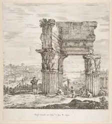 The Temple of Vespasian and the Roman Forum, from Six large views, four of Rome, and two ..., 1656. Creator: Stefano della Bella