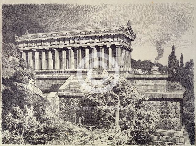 The Temple of Artemis, Greek goddess of hunt, in Ephesus, German engraving from 1886, one of the …