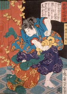 The Temple Page Shiragikumaru Wrestling a Green Demon, 1866. Creator: Tsukioka Yoshitoshi