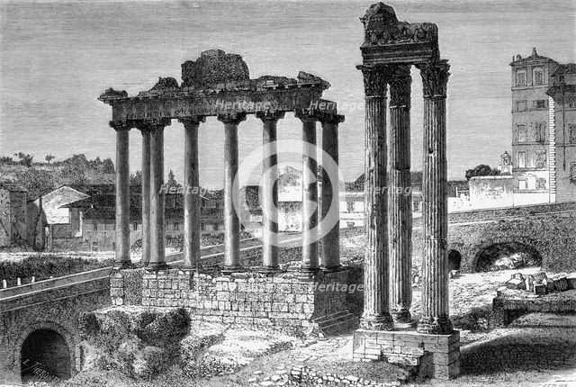 The Temples of Saturn and Vespasian, the Roman Forum, Rome, Italy, 19th century.Artist: Ettling