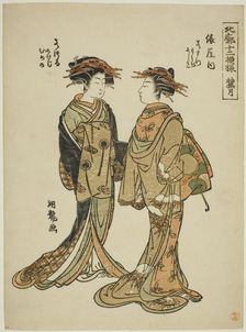 The Tenth Month (Kannazuki): Wakamatsu and Wakatsuru of the Tawaraya..., c. 1776/81. Creator: Isoda Koryusai