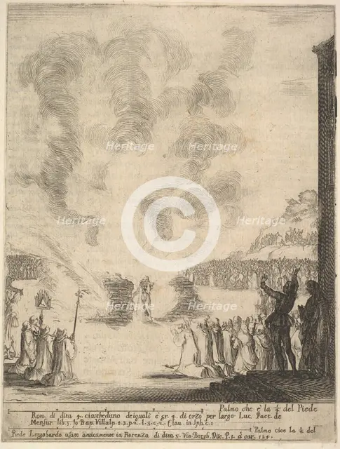 The test of fire, the monk Peter, the disciple Saint John Gualbert, passing through the fl..., 1640. Creator: Stefano della Bella.