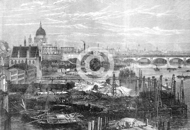 The Thames Embankment Works, viewed from King's College, 1864. Creator: Mason Jackson.