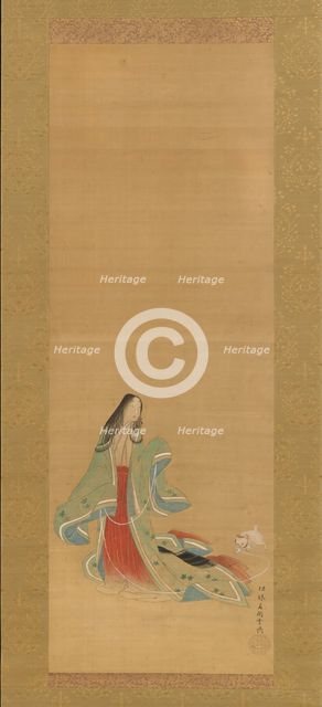 The Third Princess with her Cat, from the "New Herbs I" (Wakana I)..., 18th century. Creator: Tsukioka Masanobu.