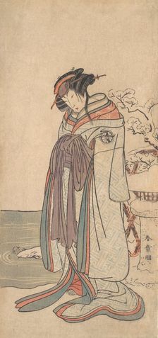 The Third Segawa Kikunojo as a Courtesan Standing in the Snow, probably 1775. Creator: Shunsho
