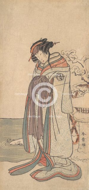 The Third Segawa Kikunojo as a Courtesan Standing in the Snow, probably 1775. Creator: Shunsho.