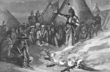 'The Threatened Rising of American Indians; Sitting Bull Addressing a Meeting of "Braves" , 1890. Creator: Unknown