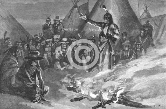''The Threatened Rising of American Indians; Sitting Bull Addressing a Meeting of "Braves" ', 1890. Creator: Unknown.