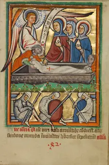 The Three Maries at the Sepulchre, about 1190-1200; text and illumination added about 1480-1490. Creator: Unknown