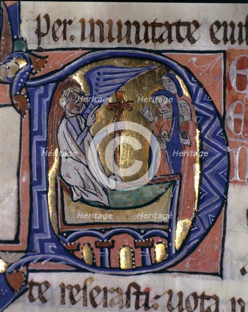 The Three Marys at the Tomb, illuminated capital letter in the 'Episcopal Sacramentary of Elna', …