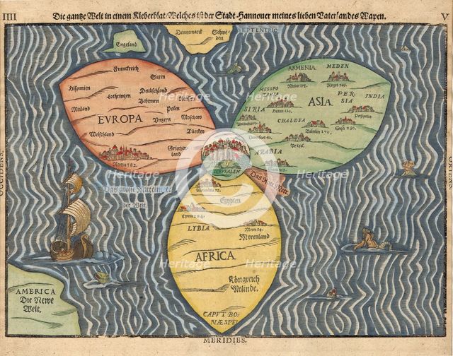 The three continents with Jerusalem in the center of the World, 1581. Artist: Bünting, Heinrich (1545-1606)