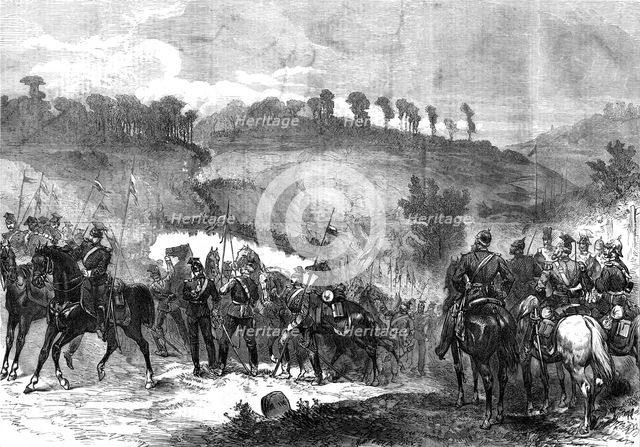The Three Emperors at Berlin: military manoeuvres near Spandau - cavalry crossing pontoon, 1872. Creator: Unknown.