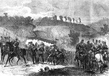 The Three Emperors at Berlin: military manoeuvres near Spandau - cavalry crossing pontoon, 1872. Creator: Unknown