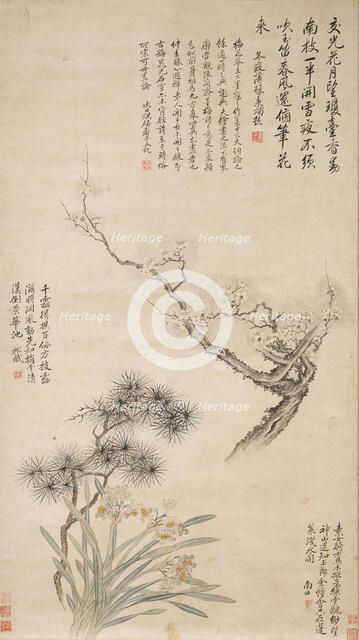 The Three Friends of Winter: Pine, Bamboo, and Plum, 17th century. Creator: Yun Shouping (1633-1690).
