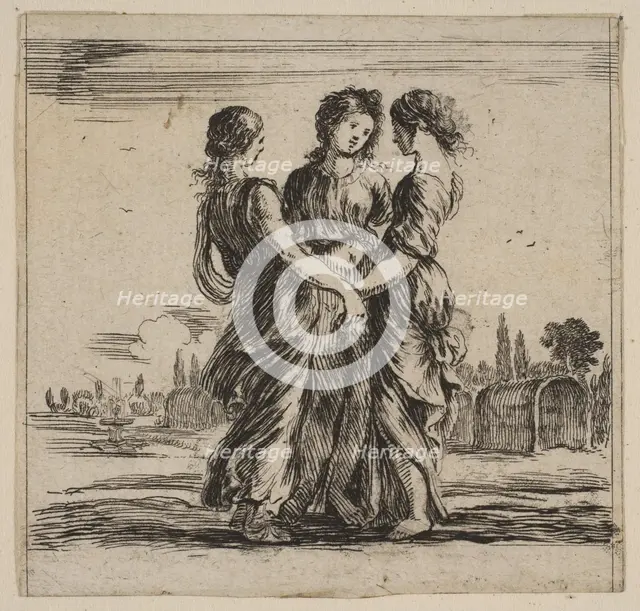 The three graces, from 'Game of Mythology' (Jeu de la Mythologie), 1644. Creator: Stefano della Bella.