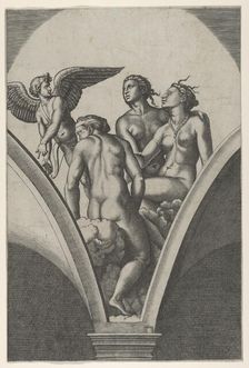 The Three Graces sitting on clouds, cupid at the left, after Raphael's fresco in th..., ca. 1517-20. Creator: Marcantonio Raimondi