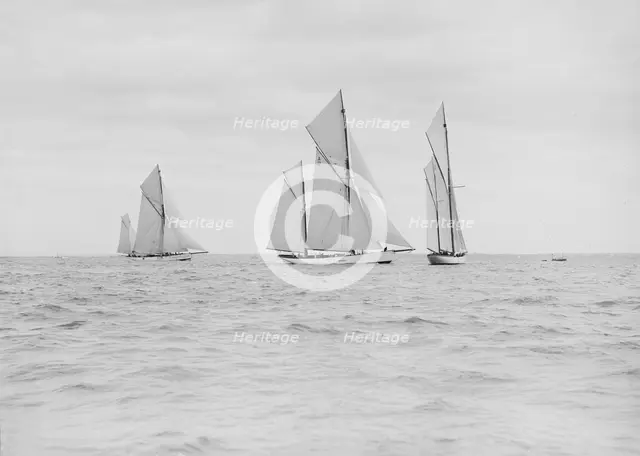 The three ketches 'Julnar', 'Cariad' and 'Corisande' racing upwind, 1913. Creator: Kirk & Sons of Cowes.