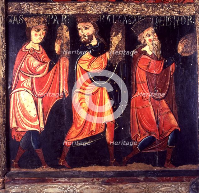 The three kings, detail of the Avià front, from the Church of St. Mary of Avià in Berguedà. Paint…
