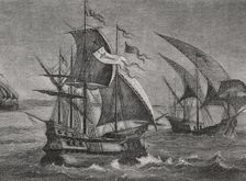 The three ships of Columbus: the caravel Niña, the caravel Pinta, and the carrack Santa María, 1892. Creator: Unknown