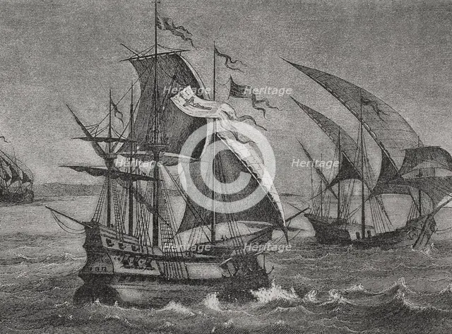 The three ships of Columbus: the caravel Niña, the caravel Pinta, and the carrack Santa María, 1892. Creator: Unknown.