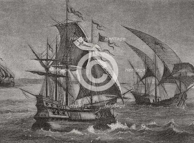 The three ships of Columbus: the caravel Niña, the caravel Pinta, and the carrack Santa María, 1892. Creator: Unknown.