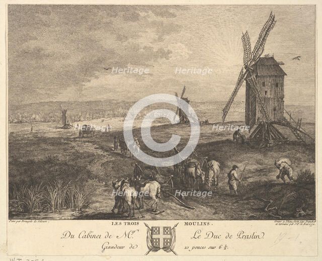 The Three Windmills (Les Trois Moulins) after a painting in the collection of the Duc de P..., 1772. Creators: Balthasar Anton Dunker, Jacques Philippe Le Bas.