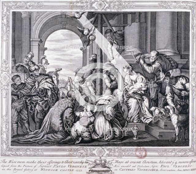 The Three Wise Men make their offerings to Christ and worship him, 1733. Artist: Anon