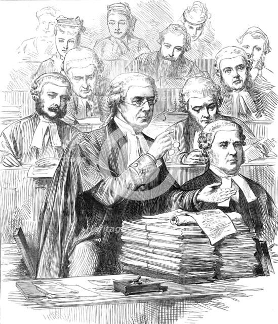 The Tichborne Trial: Mr. Hawkins addressing the jury, 1874. Creator: Unknown.