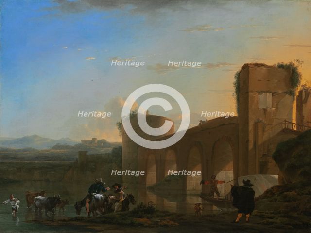 The Tiber River with the Ponte Molle at Sunset, c. 1650. Creator: Jan Asselijin.