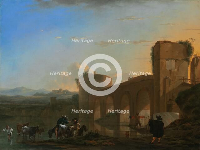 The Tiber River with the Ponte Molle at Sunset, c. 1650. Creator: Jan Asselijin.