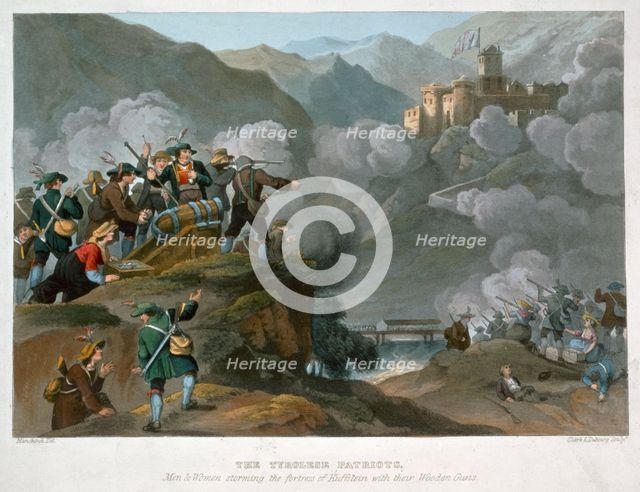 'The Tirolese Patriots Storming the Fortress of Kuffstein with their wooden Guns, 1816. Artist: John Heaviside Clark