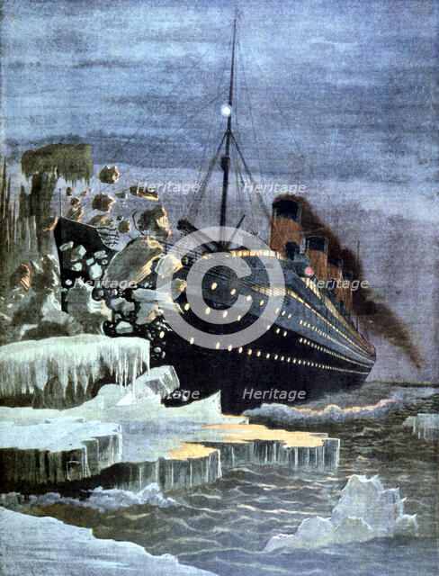 The 'Titanic' colliding with an iceberg, 1912. Artist: Unknown