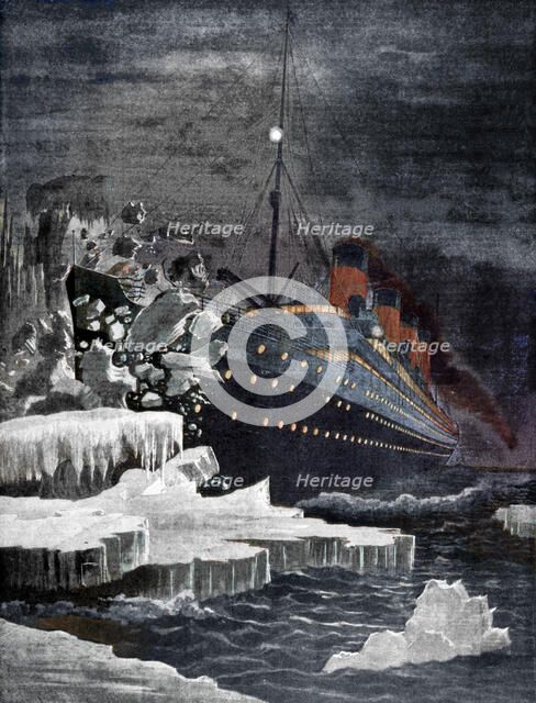 The 'Titanic' colliding with an iceberg, 1912. Artist: Unknown.