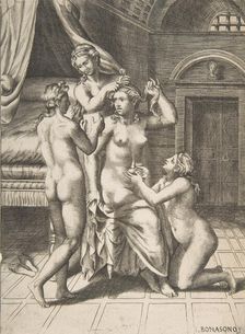 The toilet of Psyche who is seated in the centre being attended to, 1531-76. Creator: Giulio Bonasone