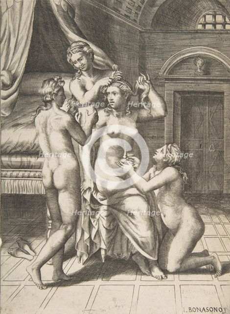 The toilet of Psyche who is seated in the centre being attended to, 1531-76. Creator: Giulio Bonasone.