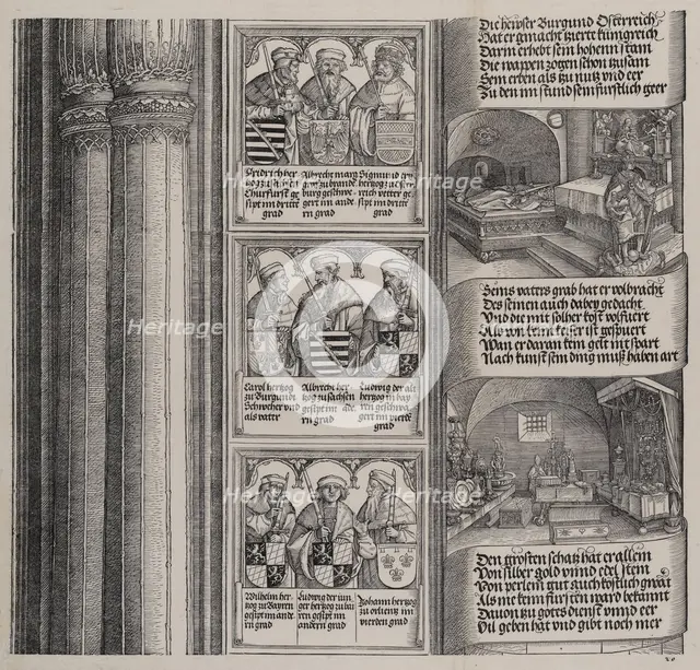 The Tomb Erected by Maximilian for His Father; and The Imperial Treasure; with Portraits o..., 1515. Creator: Hieronymus Andreae.