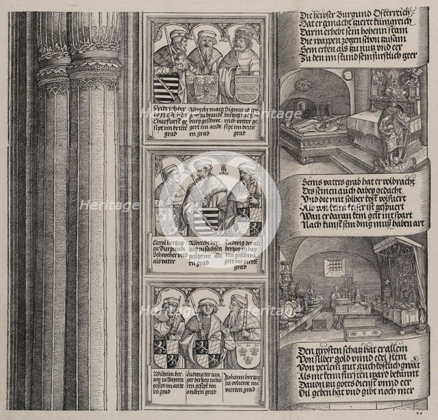 The Tomb Erected by Maximilian for His Father; and The Imperial Treasure; with Portraits o..., 1515. Creator: Hieronymus Andreae.