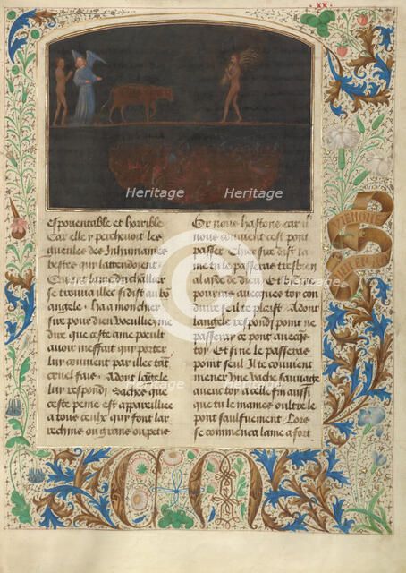 The Torment of Thieves: Tondal Leads a Cow Across a Nail-studded Bridge, 1475. Creator: Simon Marmion.