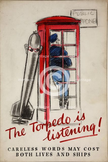 'The torpedo is listening! Careless words may cost...', WWII poster, between 1939 and 1946. Creators: Central Office of Information, Unknown.
