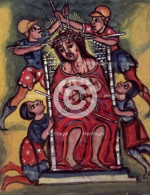 The torture of Christ, seated on a throne, wearing a crown of thorns, 1632-1667. Creator: Unknown.