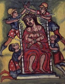 The torture of Christ, seated on a throne, wearing a crown of thorns, 1632-1667. Creator: Unknown