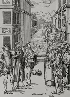 The town crier blowing his trumpet and the auctioneer, the public official in..., 1557, (1878). Creator: Unknown