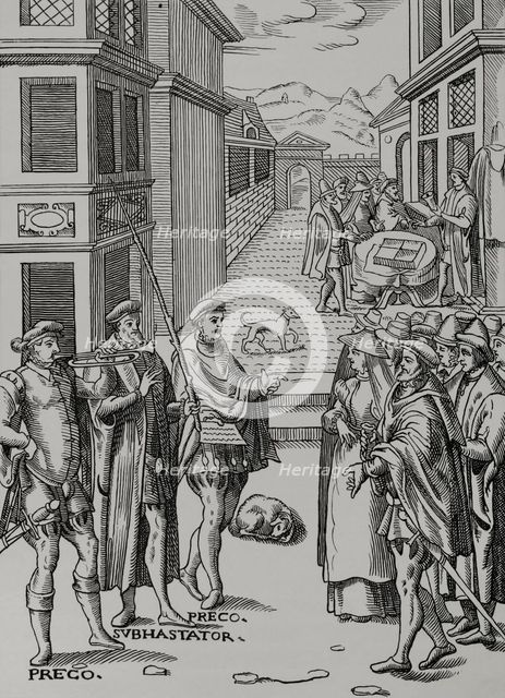 The town crier blowing his trumpet and the auctioneer, the public official in..., 1557, (1878).  Creator: Unknown.