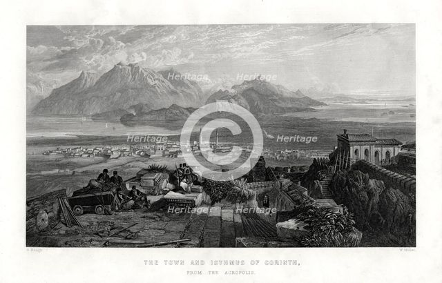 The town and isthmus of Corinth from the Acropolis, Greece, 1887. Artist: W Miller