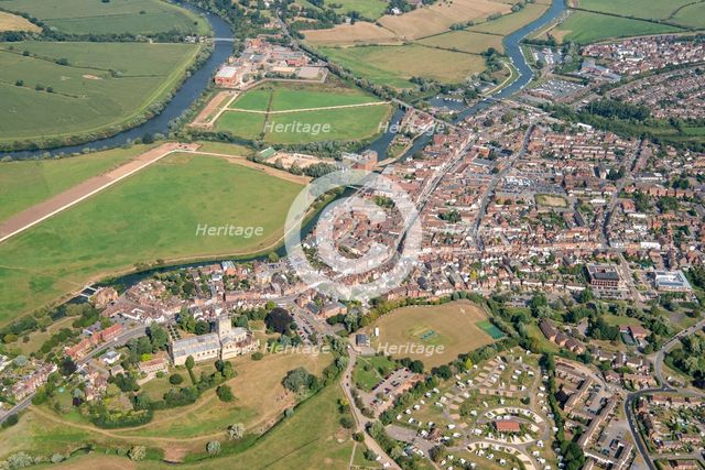 The town and St Mary's Abbey, Tewkesbury, Gloucestershire, 2021. Creator: Damian Grady.