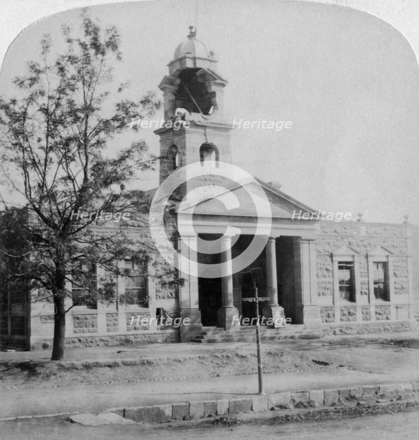The Town Hall, struck by a Boer shell during the siege, Ladysmith, South Africa, 1901. Artist: Underwood & Underwood